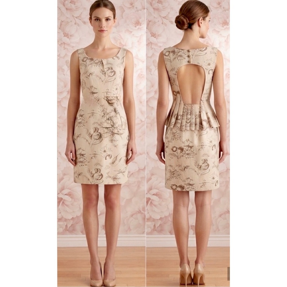 Moulinette Soeurs Anthropologie Open Back Peplum Brocade Dress Gold Cream Size 0